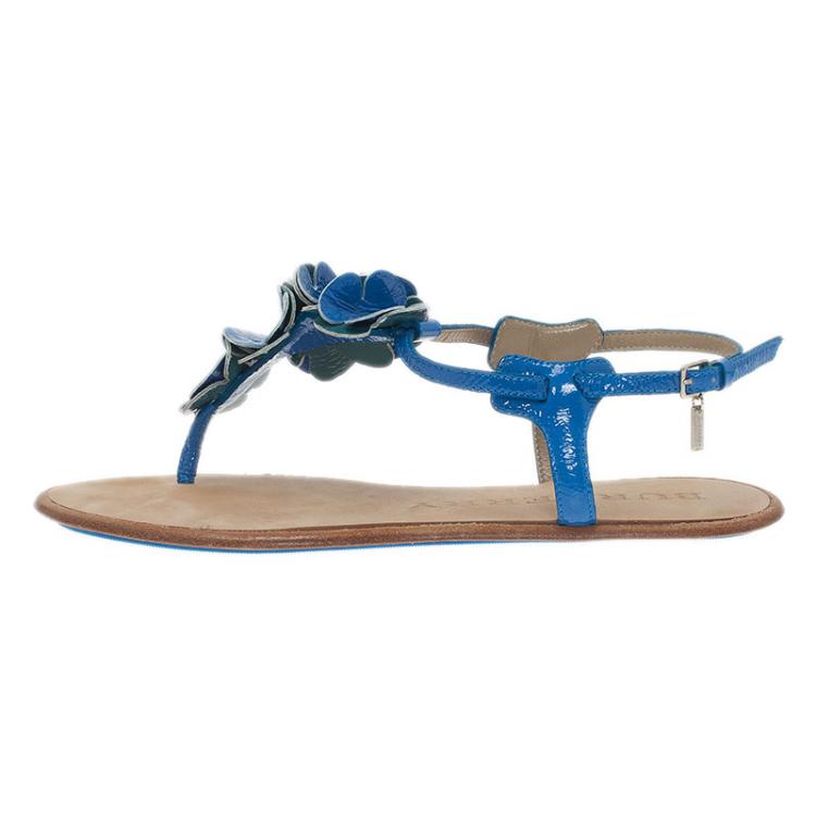 Pre Owned Burberry Blue Leather Flower Detail Ankle Strap Flat Sandals Size 38