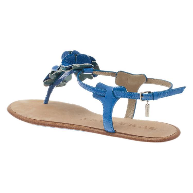 Pre Owned Burberry Blue Leather Flower Detail Ankle Strap Flat Sandals Size 38