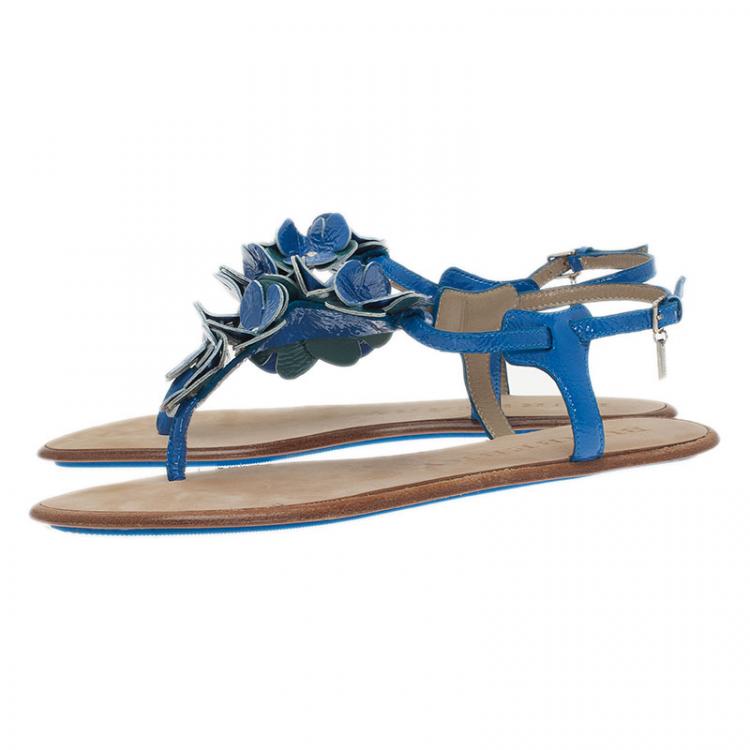 Pre Owned Burberry Blue Leather Flower Detail Ankle Strap Flat Sandals Size 38