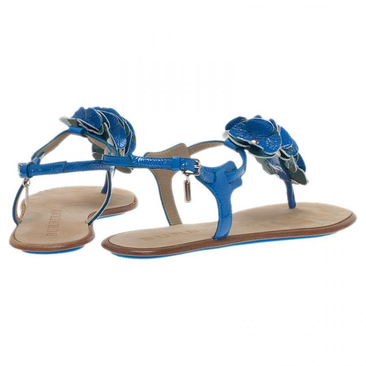 Pre Owned Burberry Blue Leather Flower Detail Ankle Strap Flat Sandals Size 38