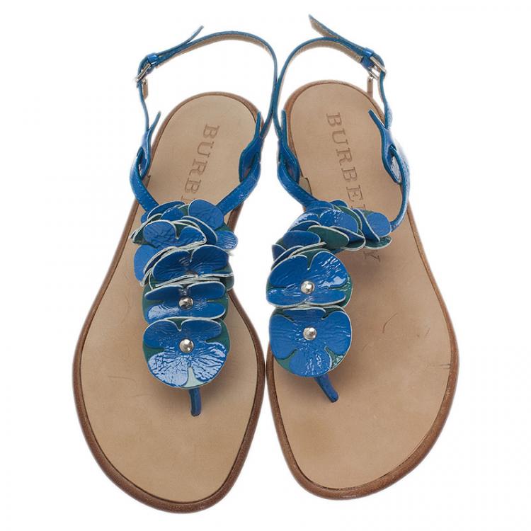 Pre Owned Burberry Blue Leather Flower Detail Ankle Strap Flat Sandals Size 38