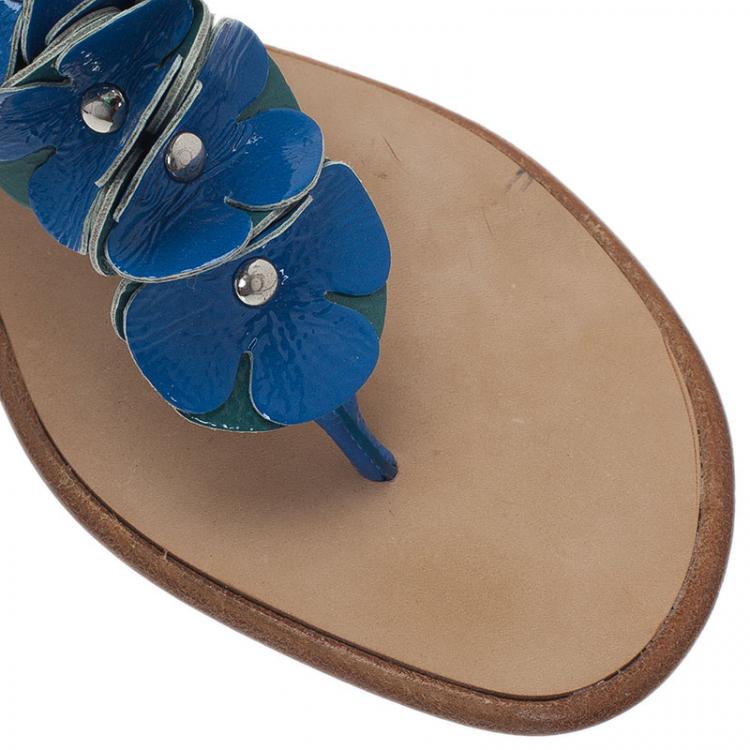 Pre Owned Burberry Blue Leather Flower Detail Ankle Strap Flat Sandals Size 38