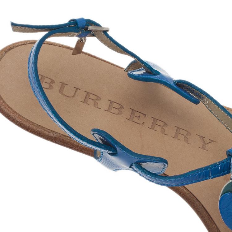 Pre Owned Burberry Blue Leather Flower Detail Ankle Strap Flat Sandals Size 38