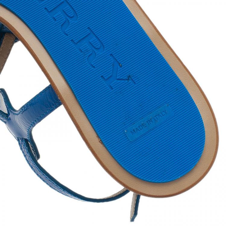 Pre Owned Burberry Blue Leather Flower Detail Ankle Strap Flat Sandals Size 38