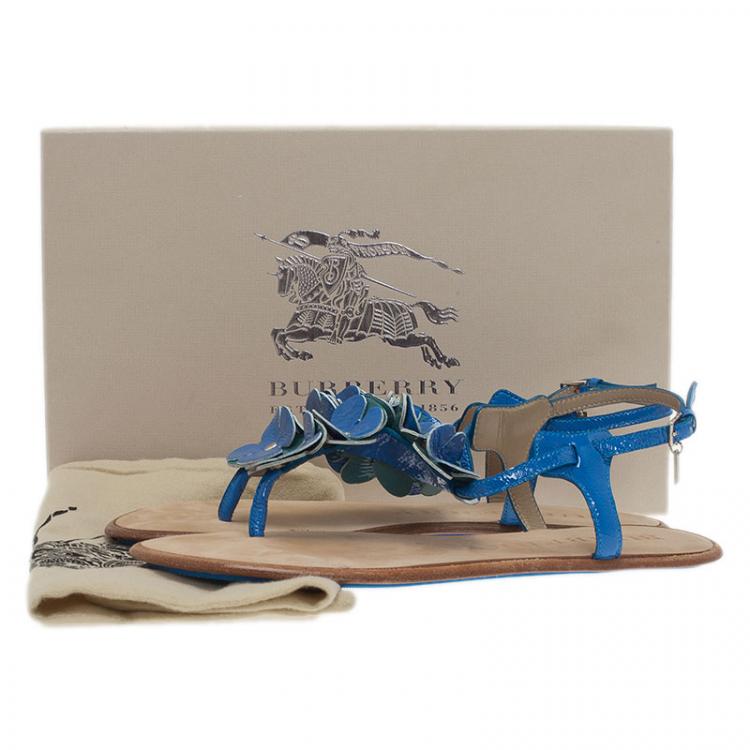 Pre Owned Burberry Blue Leather Flower Detail Ankle Strap Flat Sandals Size 38