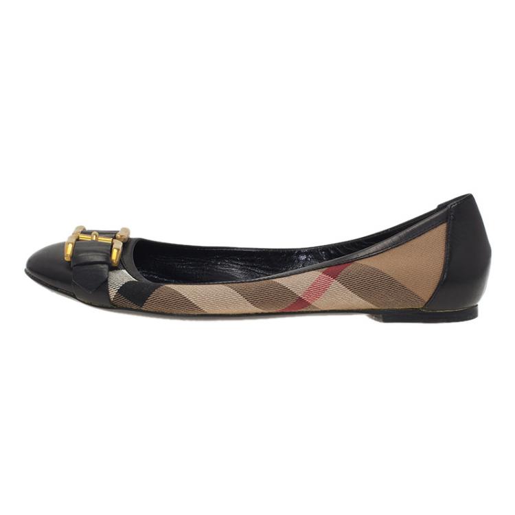 Pre Owned Burberry Novacheck Canvas and Leather Buckle Detail Ballet Flats Size 39