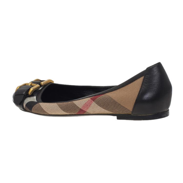 Pre Owned Burberry Novacheck Canvas and Leather Buckle Detail Ballet Flats Size 39
