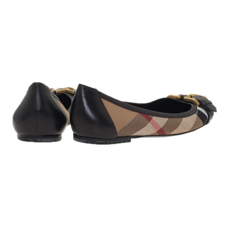 Pre Owned Burberry Novacheck Canvas and Leather Buckle Detail Ballet Flats Size 39