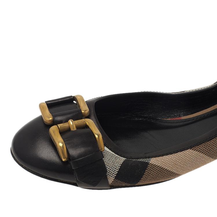 Pre Owned Burberry Novacheck Canvas and Leather Buckle Detail Ballet Flats Size 39