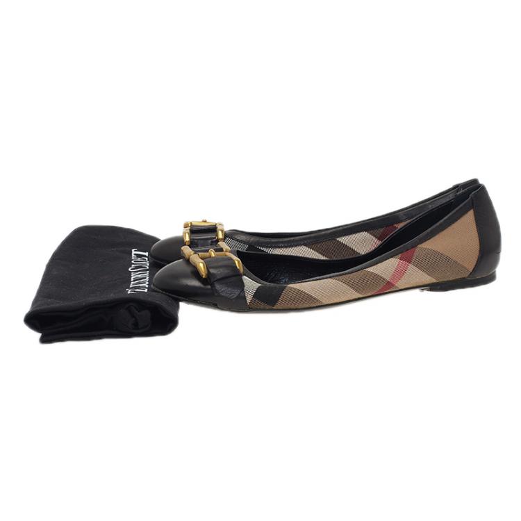 Pre Owned Burberry Novacheck Canvas and Leather Buckle Detail Ballet Flats Size 39