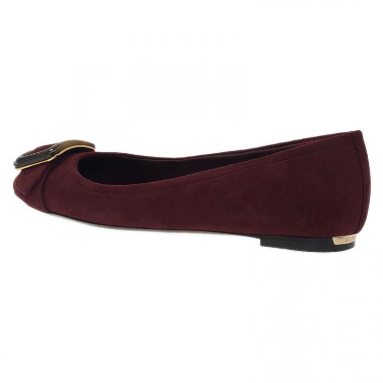 Pre Owned Burberry Burgundy Suede Keswick Buckle Ballet Flats Size 38