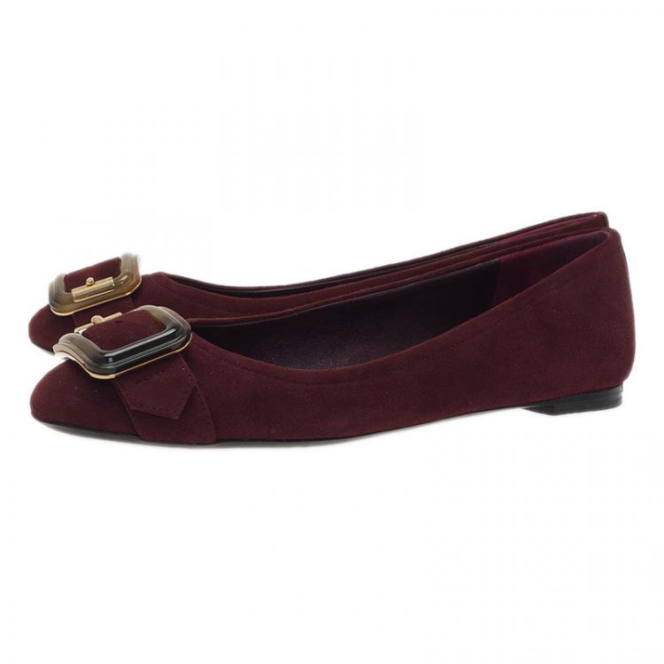 Pre Owned Burberry Burgundy Suede Keswick Buckle Ballet Flats Size 38