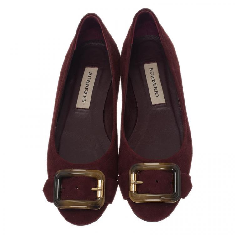 Pre Owned Burberry Burgundy Suede Keswick Buckle Ballet Flats Size 38