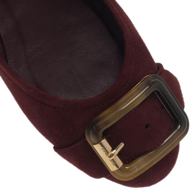 Pre Owned Burberry Burgundy Suede Keswick Buckle Ballet Flats Size 38