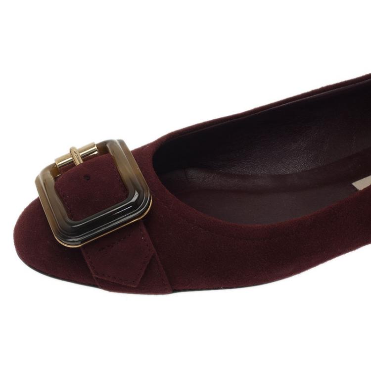 Pre Owned Burberry Burgundy Suede Keswick Buckle Ballet Flats Size 38