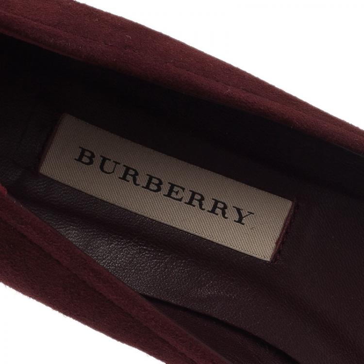 Pre Owned Burberry Burgundy Suede Keswick Buckle Ballet Flats Size 38