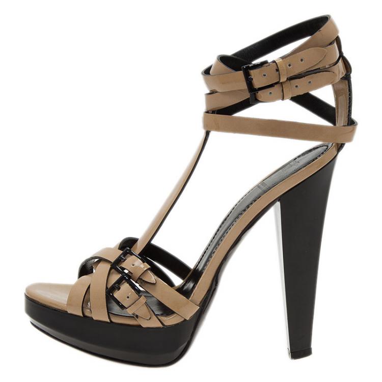 Pre Owned Burberry Beige Leather T-Strap Platform Strappy Sandals Size 36