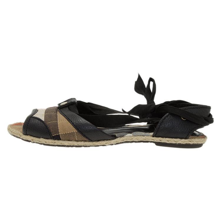 Pre Owned Burberry Novacheck Canvas and Leather Lace Up Raffia Flats Size 36