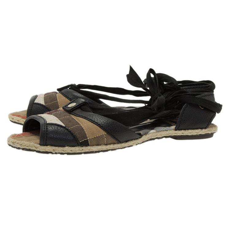Pre Owned Burberry Novacheck Canvas and Leather Lace Up Raffia Flats Size 36