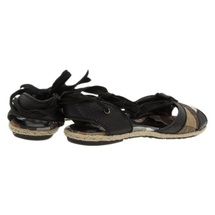 Pre Owned Burberry Novacheck Canvas and Leather Lace Up Raffia Flats Size 36