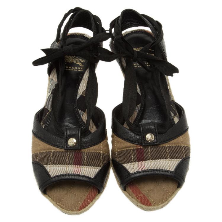 Pre Owned Burberry Novacheck Canvas and Leather Lace Up Raffia Flats Size 36