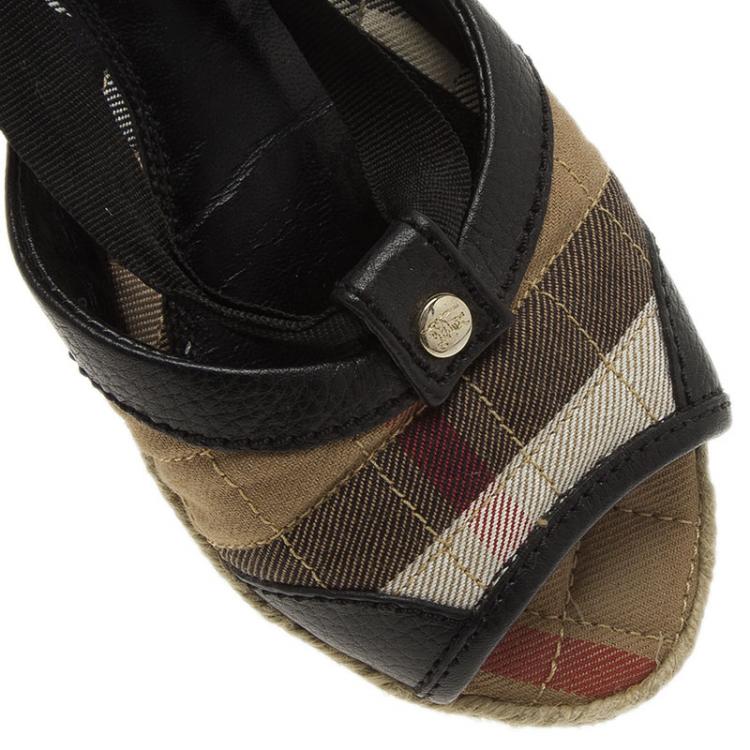 Pre Owned Burberry Novacheck Canvas and Leather Lace Up Raffia Flats Size 36