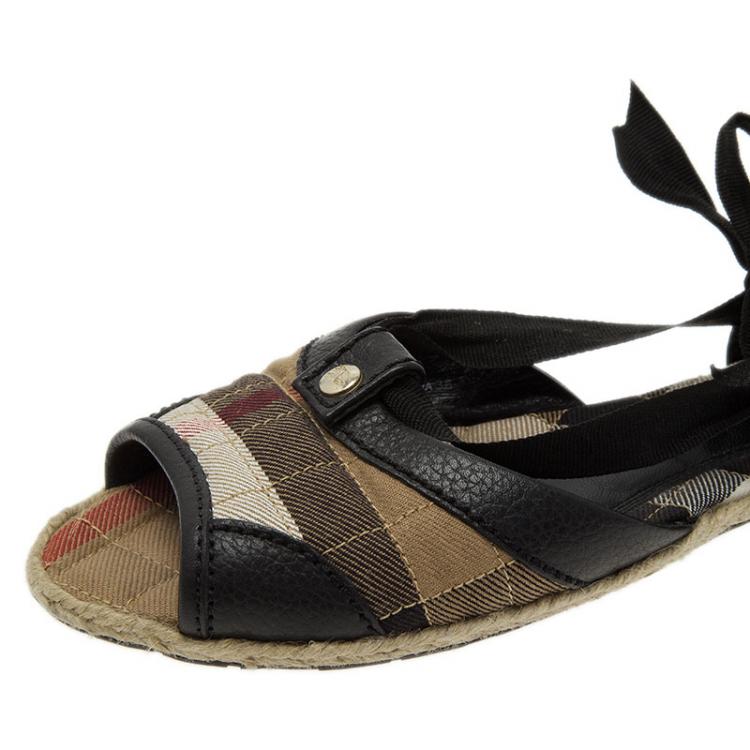 Pre Owned Burberry Novacheck Canvas and Leather Lace Up Raffia Flats Size 36