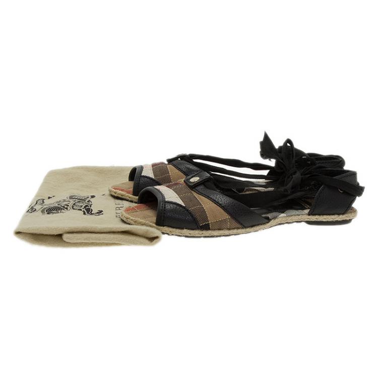 Pre Owned Burberry Novacheck Canvas and Leather Lace Up Raffia Flats Size 36