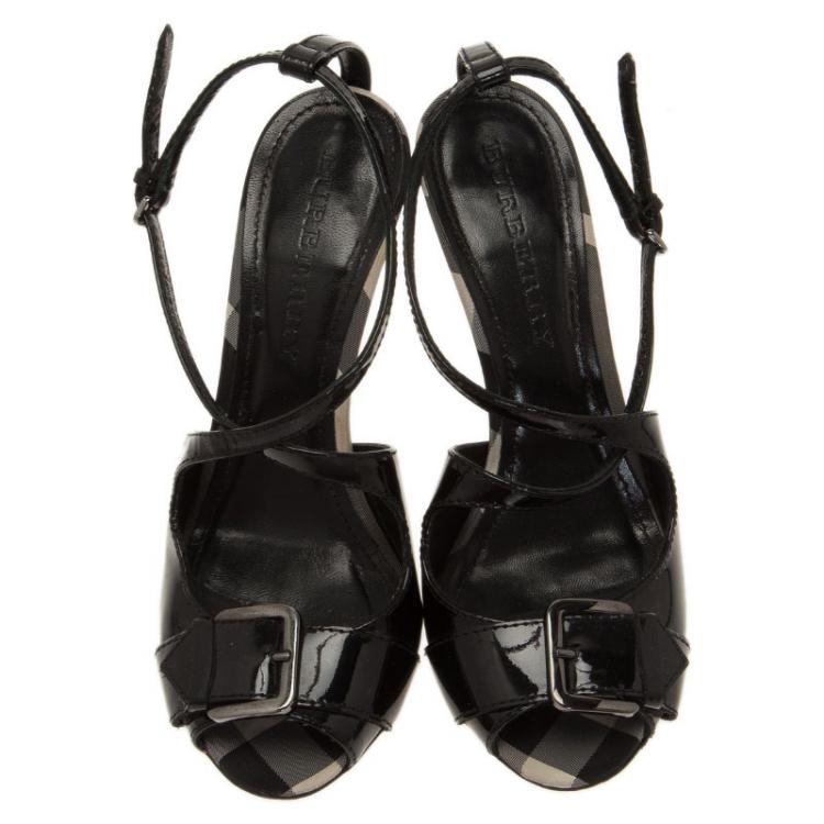 Pre Owned Burberry Black Leather Brit Check Buckle Detail Strappy Sandals Size 36
