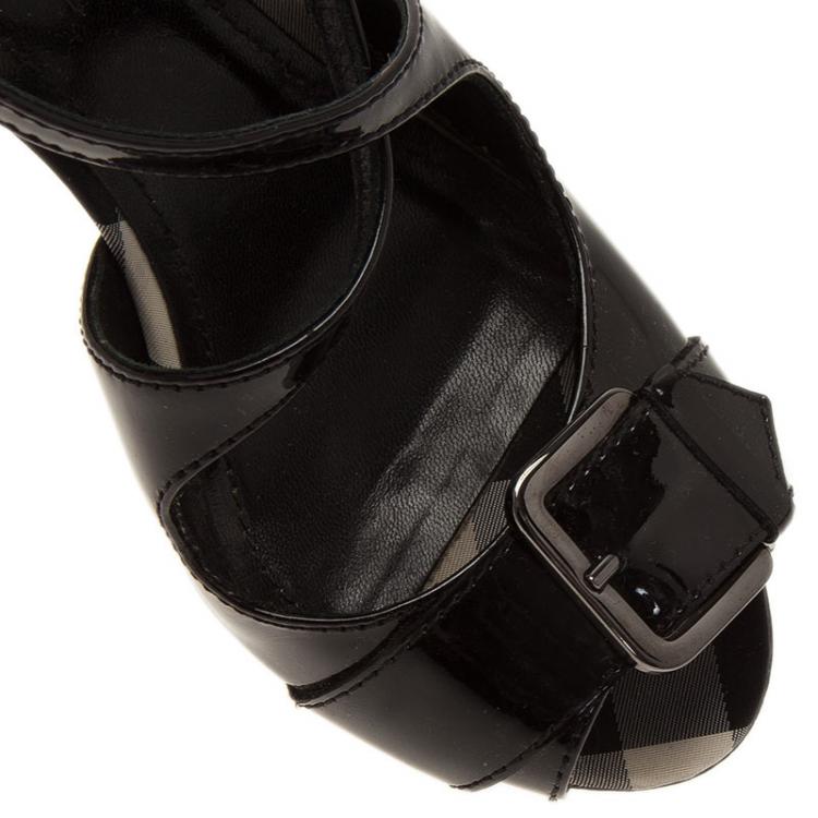 Pre Owned Burberry Black Leather Brit Check Buckle Detail Strappy Sandals Size 36