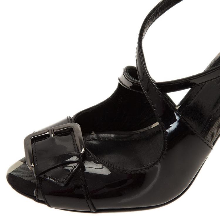 Pre Owned Burberry Black Leather Brit Check Buckle Detail Strappy Sandals Size 36