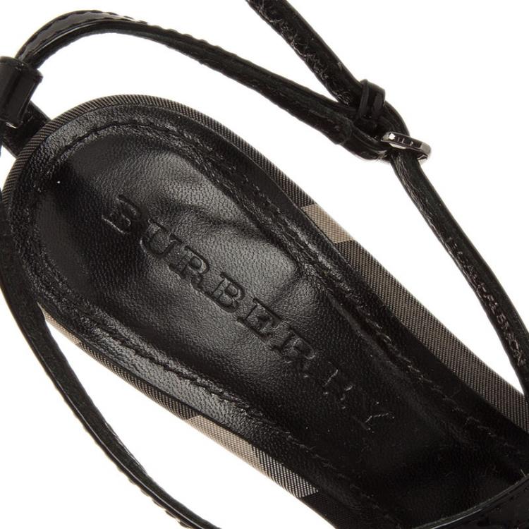 Pre Owned Burberry Black Leather Brit Check Buckle Detail Strappy Sandals Size 36