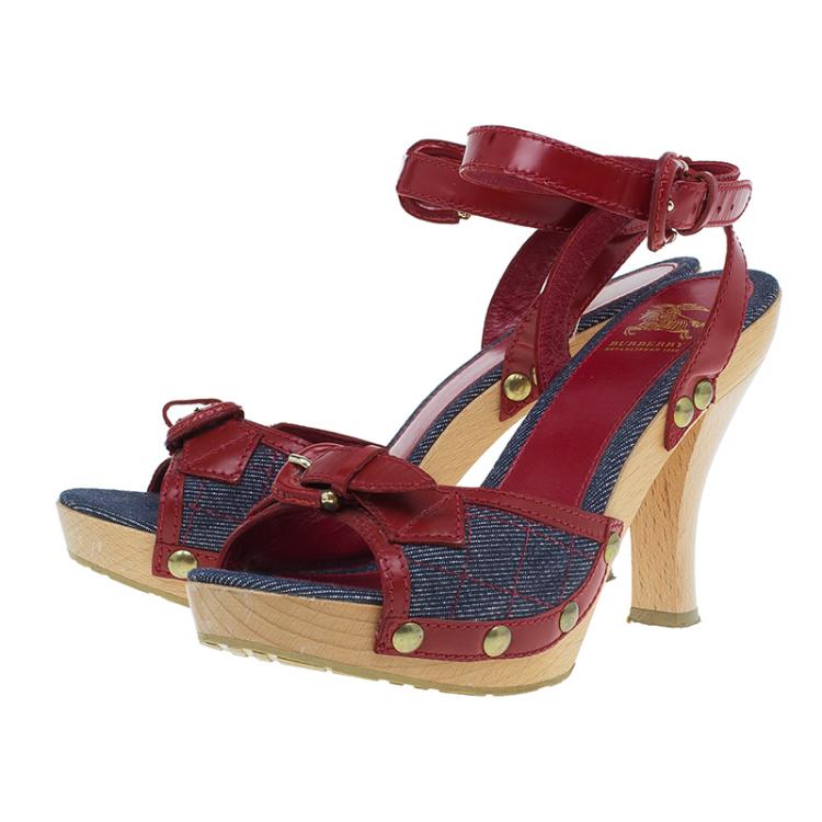 Pre Owned Burberry Red Leather and Denim Buckle Detail Sandals Size 36