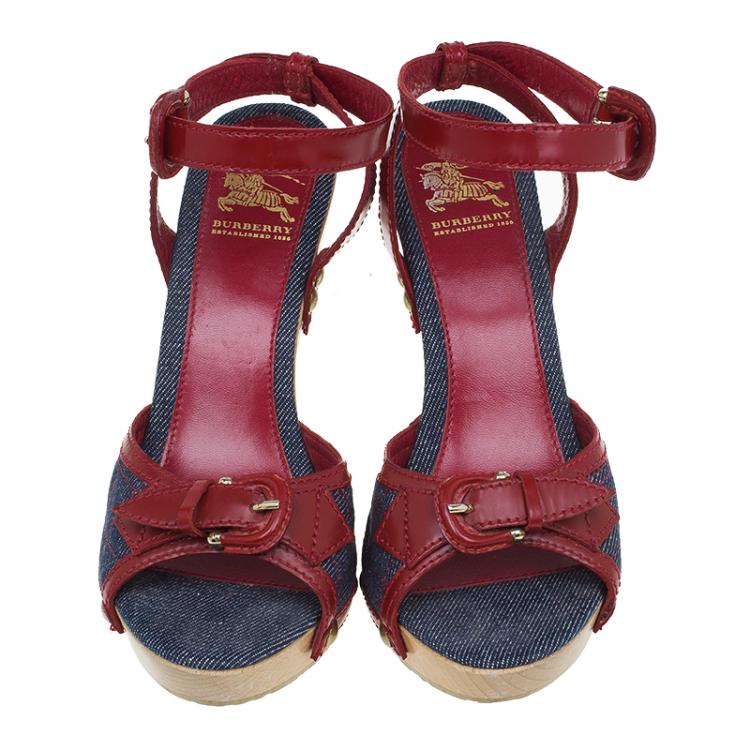 Pre Owned Burberry Red Leather and Denim Buckle Detail Sandals Size 36