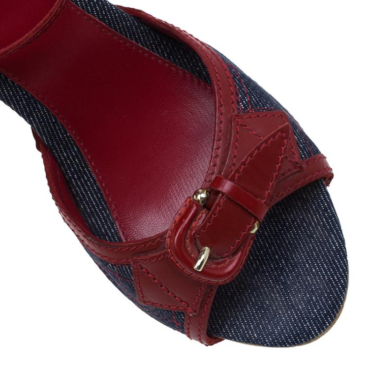 Pre Owned Burberry Red Leather and Denim Buckle Detail Sandals Size 36