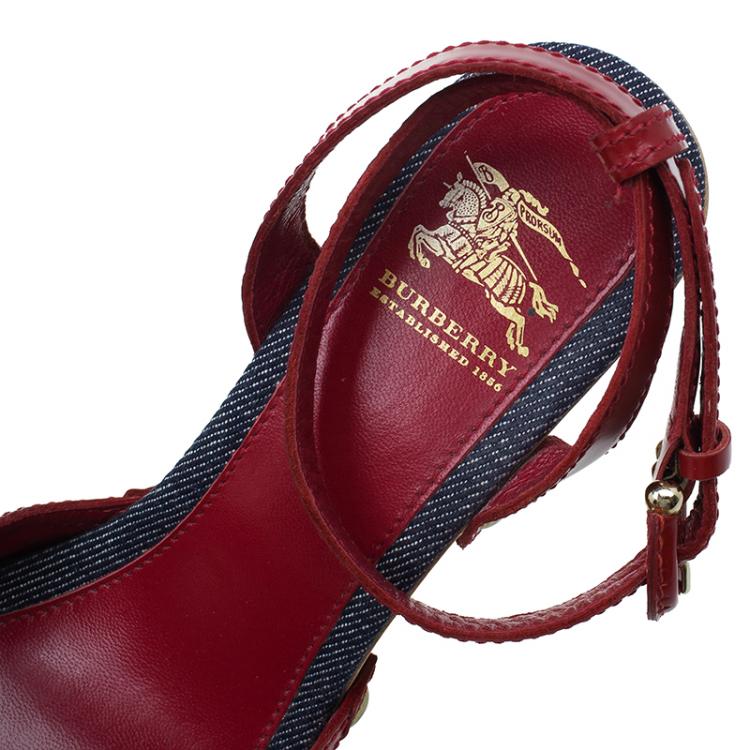Pre Owned Burberry Red Leather and Denim Buckle Detail Sandals Size 36