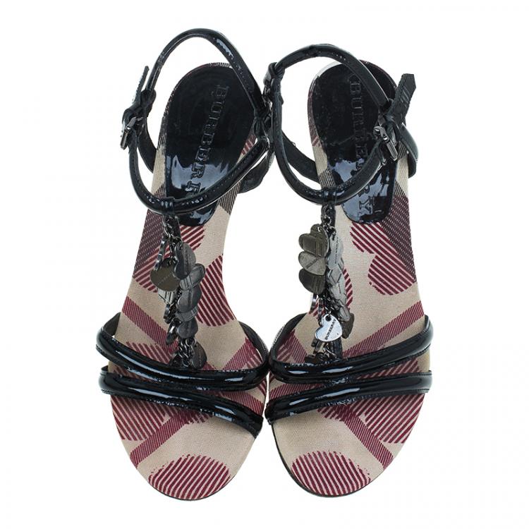 Pre Owned Burberry Black Patent Charm T Strap Sandals Size 38