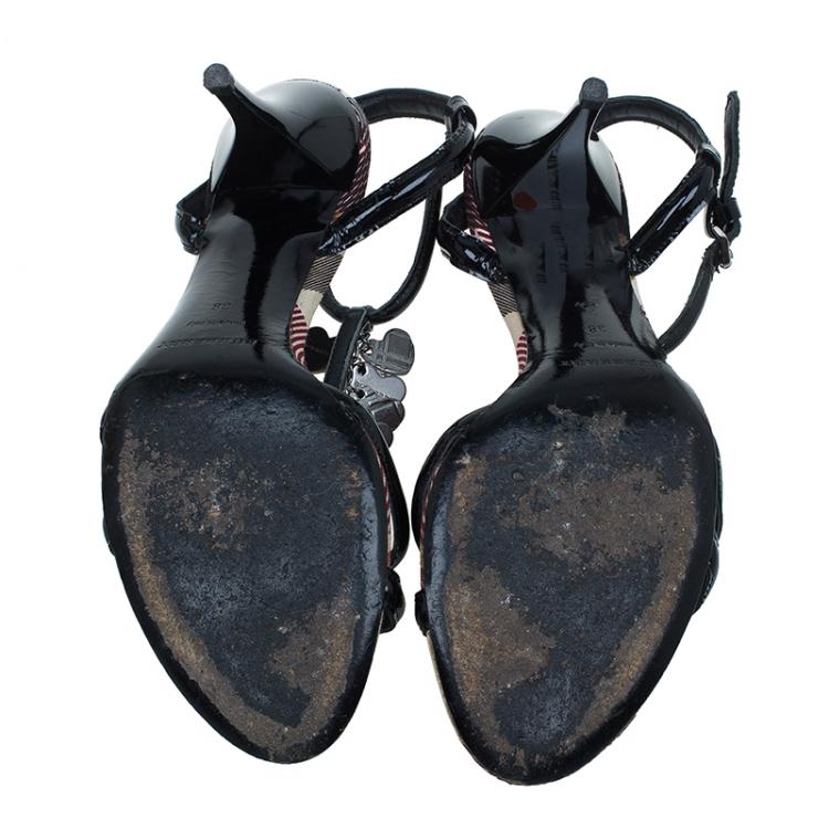 Pre Owned Burberry Black Patent Charm T Strap Sandals Size 38