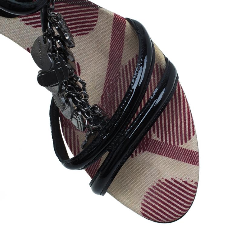 Pre Owned Burberry Black Patent Charm T Strap Sandals Size 38