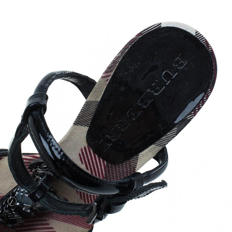 Pre Owned Burberry Black Patent Charm T Strap Sandals Size 38