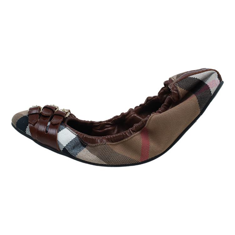 Pre Owned Burberry Novacheck Canvas and Leather Buckle Ballet Flats Size 39