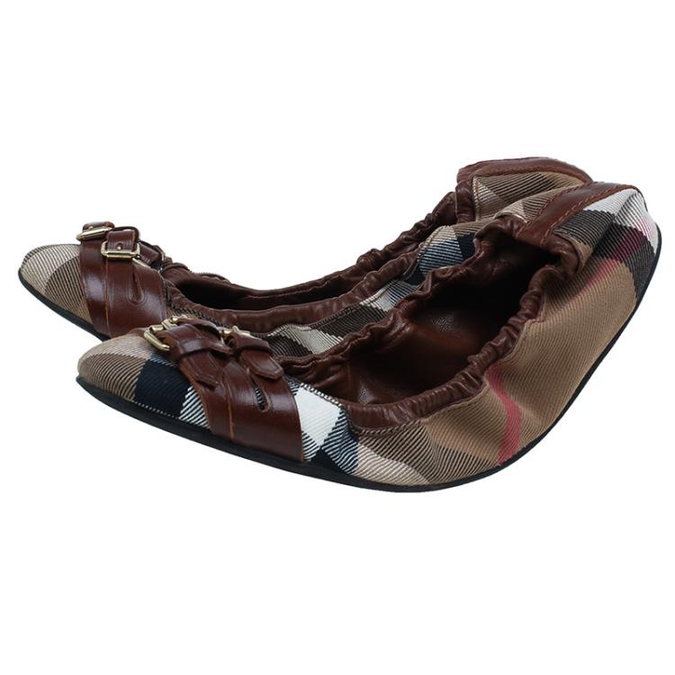 Pre Owned Burberry Novacheck Canvas and Leather Buckle Ballet Flats Size 39