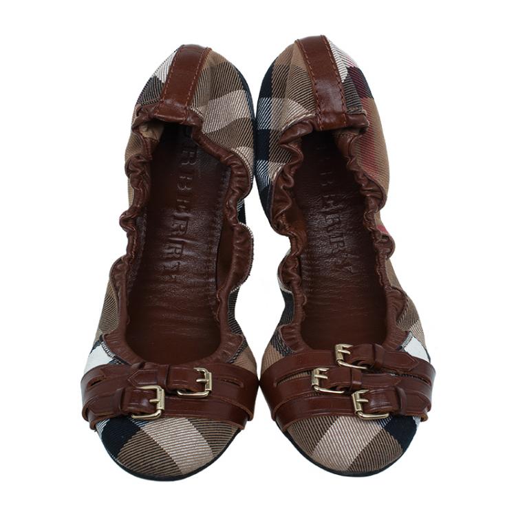 Pre Owned Burberry Novacheck Canvas and Leather Buckle Ballet Flats Size 39