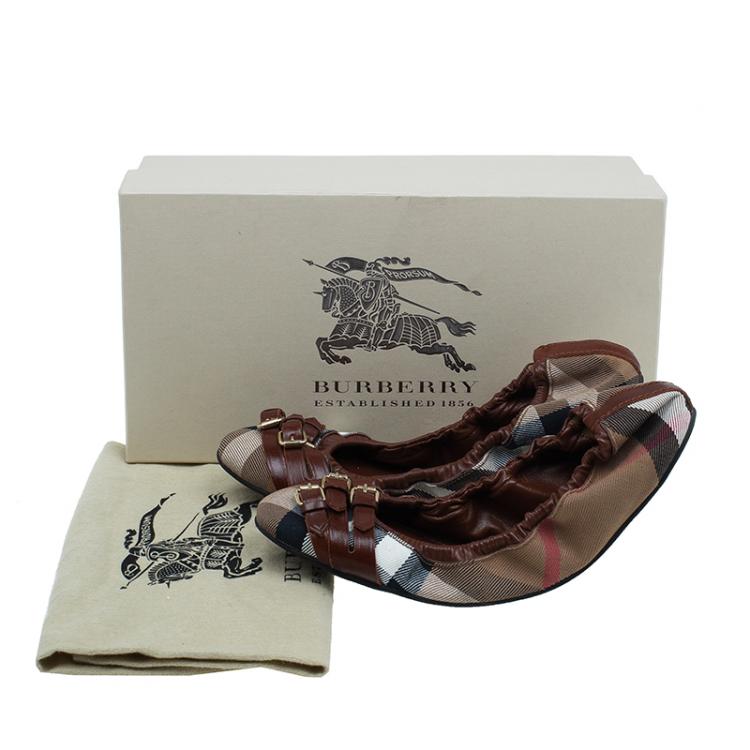 Pre Owned Burberry Novacheck Canvas and Leather Buckle Ballet Flats Size 39