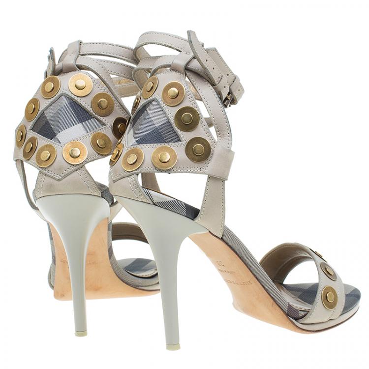 Pre Owned Burberry Grey Embellished Leather and Novacheck Canvas Ankle Strap Sandals Size 38