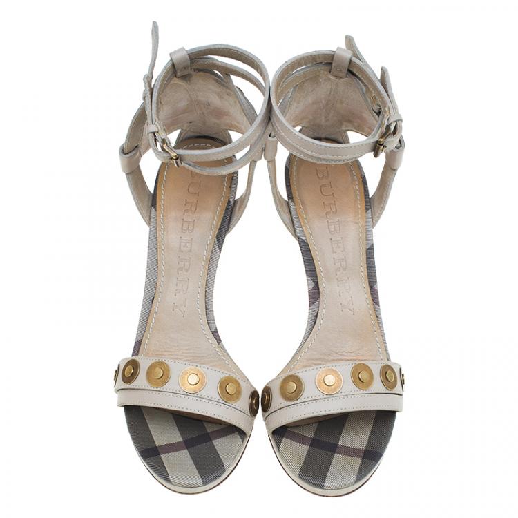 Pre Owned Burberry Grey Embellished Leather and Novacheck Canvas Ankle Strap Sandals Size 38