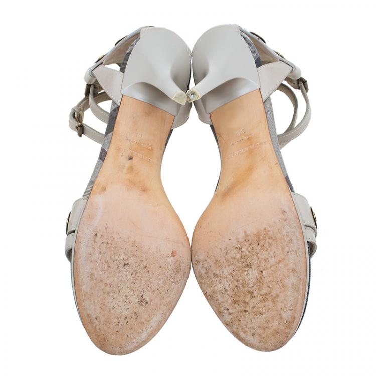 Pre Owned Burberry Grey Embellished Leather and Novacheck Canvas Ankle Strap Sandals Size 38