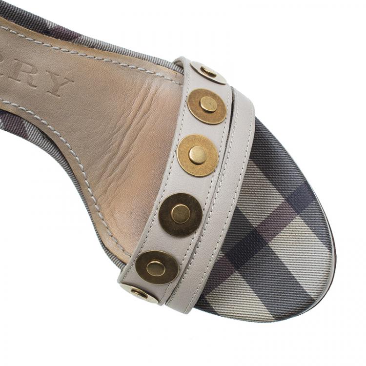 Pre Owned Burberry Grey Embellished Leather and Novacheck Canvas Ankle Strap Sandals Size 38