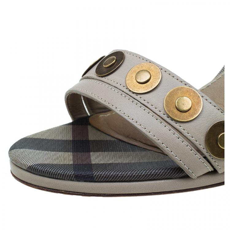 Pre Owned Burberry Grey Embellished Leather and Novacheck Canvas Ankle Strap Sandals Size 38