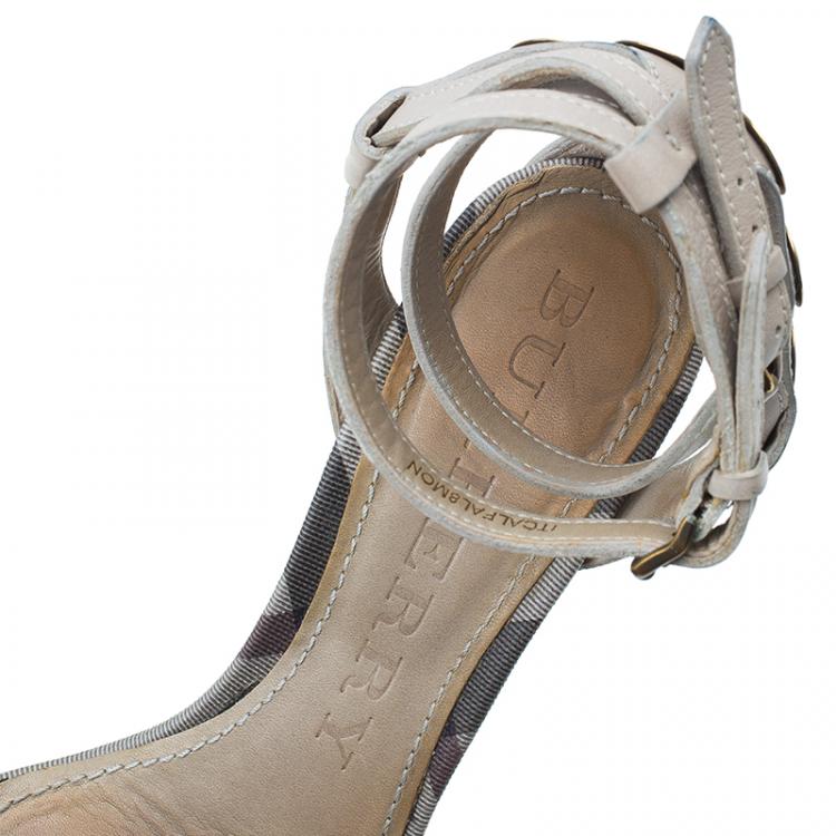 Pre Owned Burberry Grey Embellished Leather and Novacheck Canvas Ankle Strap Sandals Size 38